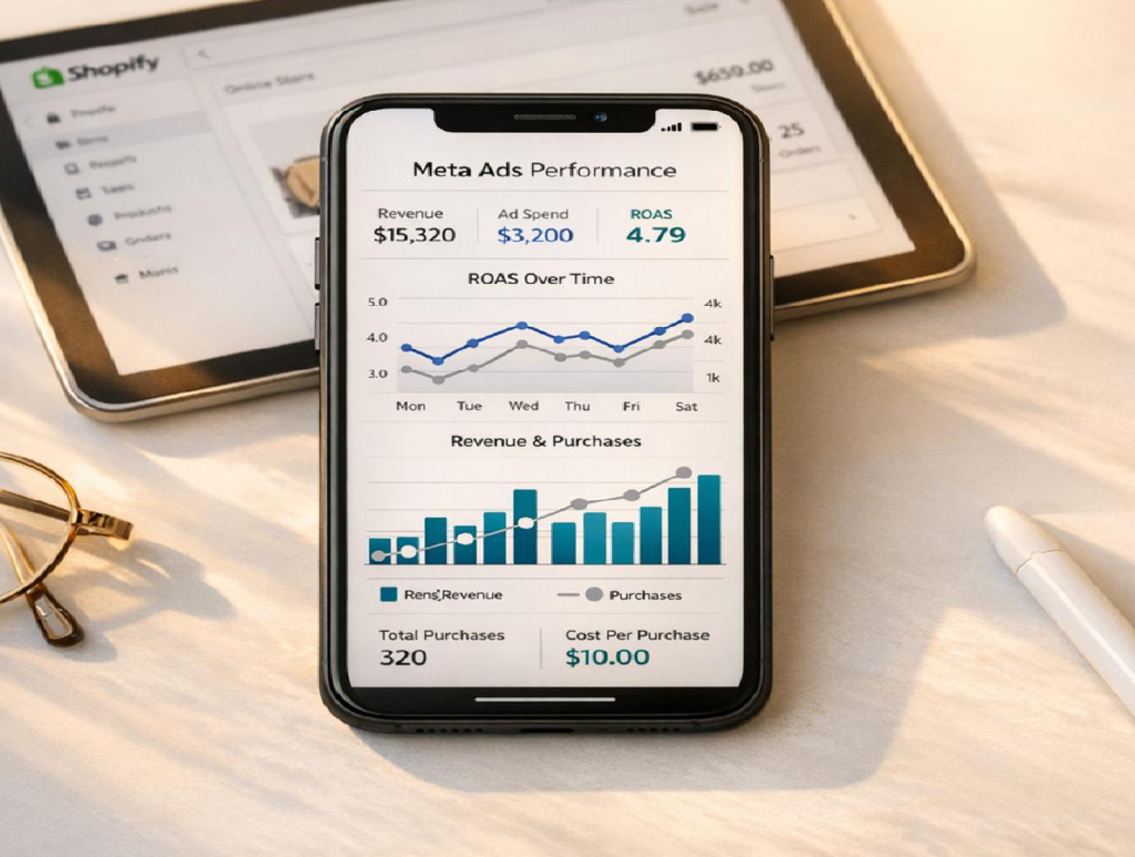Business owner reviewing social media marketing results and sales